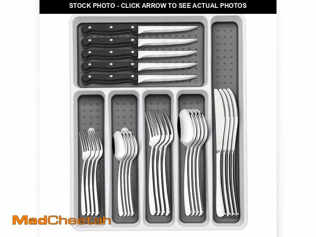 Lot 74-13539543 - 49-Piece Silverware Set with Organizer, Heavy Duty Stainless Steel Flatware Set for 8, Cutlery Utens...