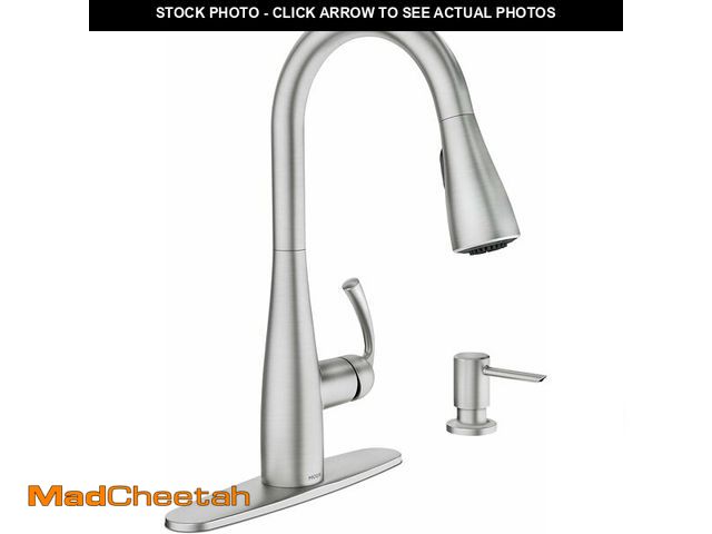 Lot 74-13794172 - Moen Essie Spot Resist Stainless Pulldown Sprayer Kitchen Sink Faucet Set with Modern Pump Soap Disp...
