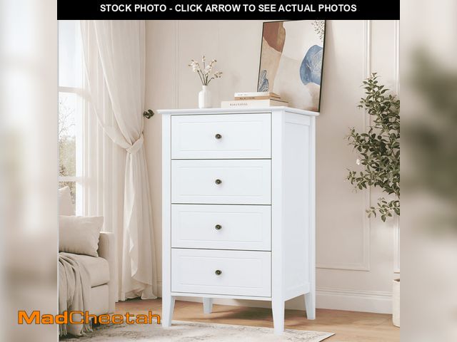 Lot 74-13775174 - Homfa 4 Drawer White Dresser, Tall Wood Bedroom Dresser with Tall Legs, Bedroom Storage Chest - UNUS...