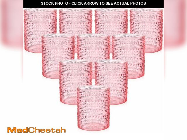 Lot 74-13721789 - YOUBET 24PCS Plastic Drinking Glasses - 14OZ Pink Hobnail Drinkware Glasses - Vintage Glassware Text...