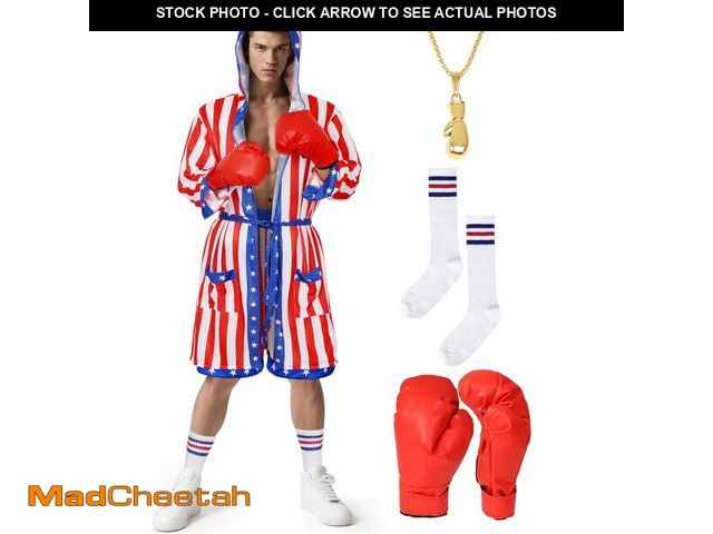 Lot 74-12705924 - SOOFILM Mens American Flag Boxing Costume 6PCS Outfits Boxing Robe Shorts Belt Stockings Necklace an...