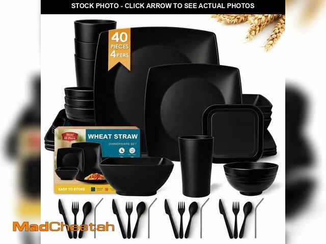 Lot 74-14214169 - Teivio 40-piece Plastic Wheat Straw Square Dinnerware Set for 4, Unbreakable Dinner Plates, Salad/Ti...