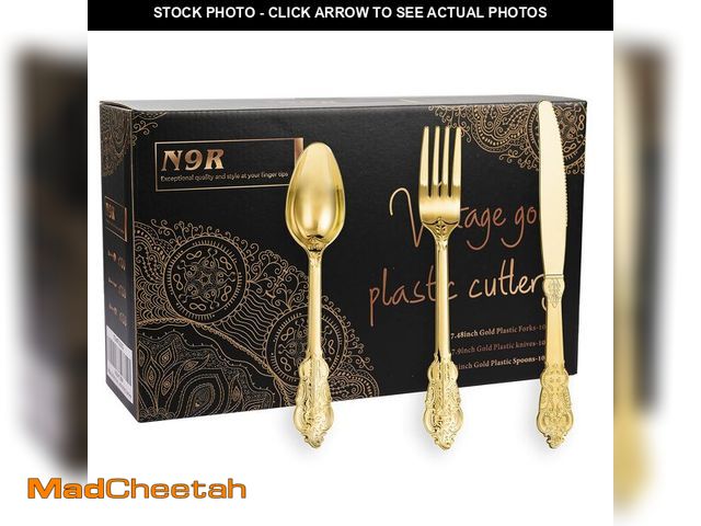 Lot 74-14270400 - N9R 300pcs Gold Plastic Silverware Dinnerware Flatware- Heavyweight Plastic Cutlery Set, 100 Forks, ...