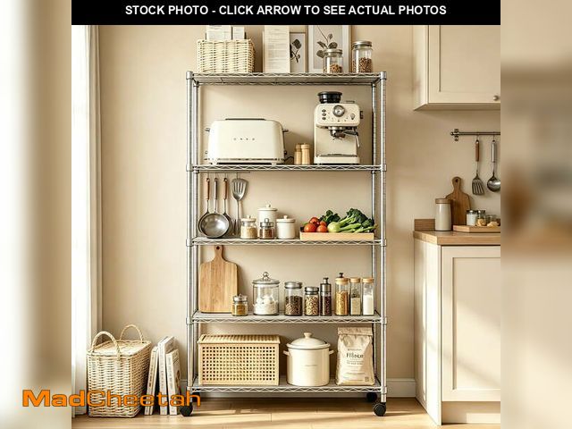 Lot 74-14286761 - Ktaxon Commercial 5 Tier Storage Rack, Adjustable Rolling Metal Garage Shelving Chrome, 35''W x 14''...