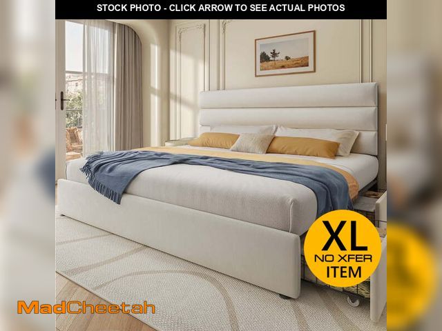 Lot 74-12577022 - Bed Frame with Storage Drawers, Upholstered Headboard, Metal Support, Queen - UNUSED