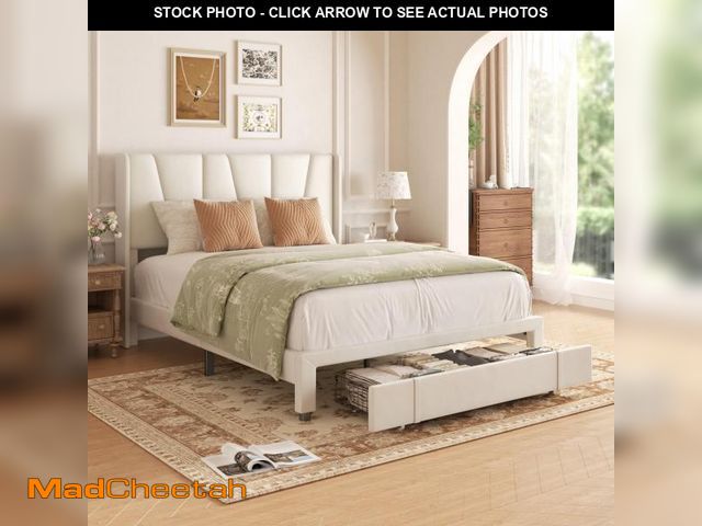 Lot 74-12524859 - viplov Full Bed Frame with Storage Drawers, Upholstered Platform Bed with Headboard and Wingboard, N...