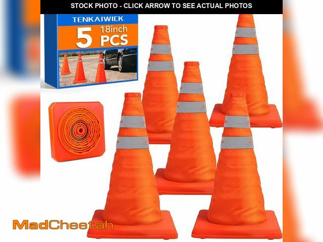 Lot 74-12967932 - [5 Pack]18 Inch Collapsible Traffic Safety Cones - Parking Cones with Reflective Collars, Orange Saf...