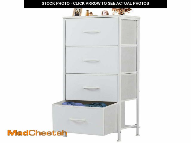 Lot 74-14259795 - JIOABL 4 Drawer Chest Organizer with Fabric Bins, Dresser for Bedroom, Tall Steel Frame, White - UNU...