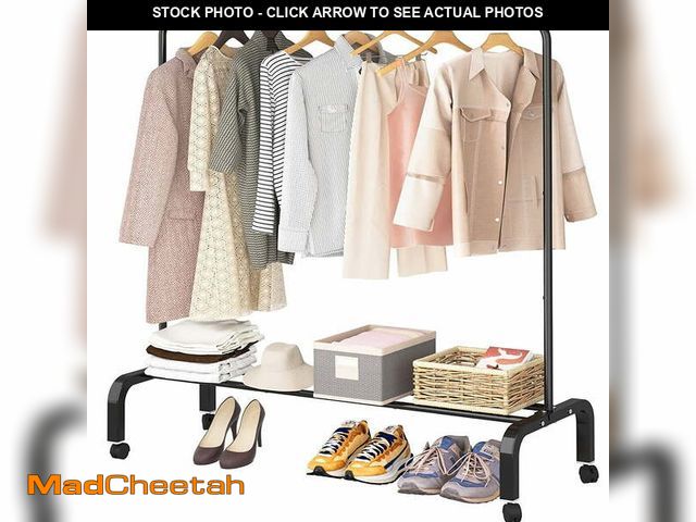 Lot 74-12889624 - SUSUZI 51â Single Rod Clothes Rack with Wheels â 150LBS Capacity Garment Rack, 6 Hooks &amp; Bot...