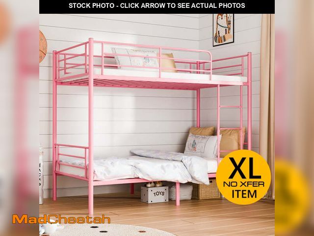 Lot 74-12799474 - (MISSING HARDWARE) Zimtown Twin over Twin Steel Bunk Beds Frame Ladder Bedroom Dorm Room,Pink - USED
