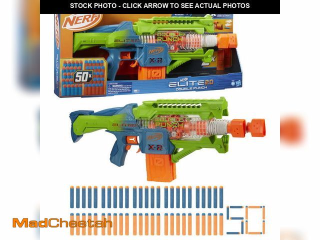 Lot 74-12889334 - Nerf Elite 2.0 Double Punch Motorized Electronic Blaster, 50 Elite Darts, 2x 10-Dart Clips - UNUSED