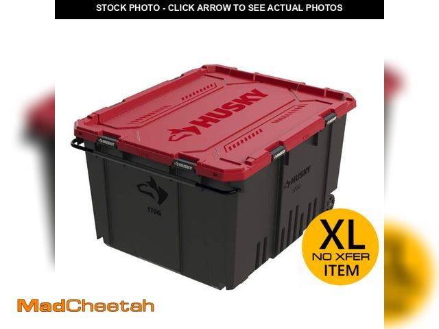 Lot 74-12772214 - (MISSING ONE WHEEL ,LATCH) Husky 170 Gal. Pro Grip Storage Tote in Black with Red Lid - USED