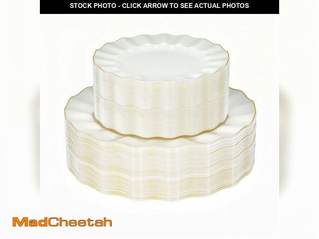 Lot 74-14212788 - QualQuot 120PCS Ivory White Plastic Plates, Heavy Duty Disposable Party Plate with Gold Rim, Fancy 6...