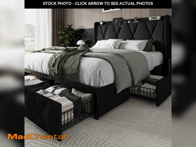 Lot 74-13647259 - Einhomn Queen Bed Frame with 4 Storage Drawers and Charging Station, Upholstered Platform Bed Frame ...