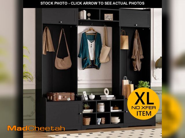 Lot 74-13778653 - Noble House Jaime Modern 4 in 1 Black Entryway Hall Tree with 3 Benches, 4 Cabinets, Coat Hooks, Cub...