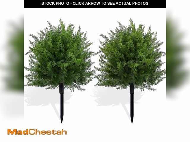 Lot 74-12700545 - FAJUNZH 23.6" Artificial Cypress Topiary Outdoor Plants with Spike, 2 Pack Faux Cedar Bushes UV Resi...