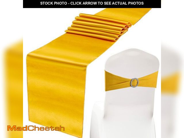 Lot 74-14476793 - Hosuly 50 Pcs Gold Chair Sash Bow with 10 Pcs Satin Silk Table Runner - UNUSED