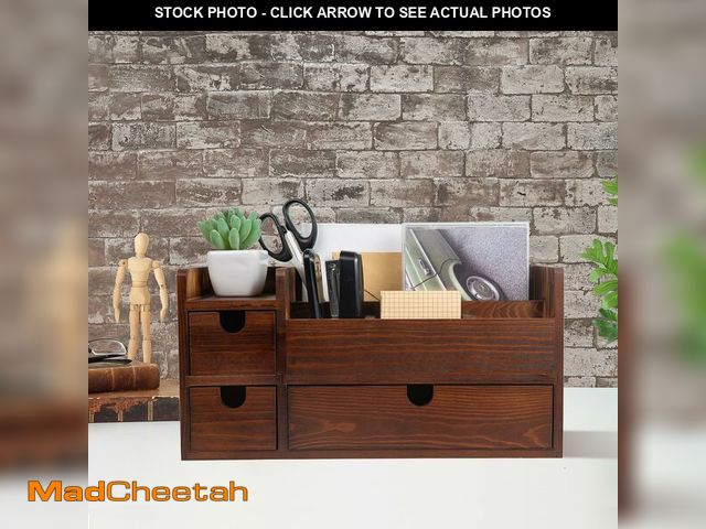 Lot 74-14380218 - ExoLiry Rustic Brown Wooden Desktop Organizer Drawers Removable Office Supplies Torched Wood Storage...