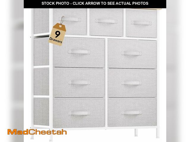 Lot 74-13331382 - DWVO 9 Drawer Dresser, Light Gray Fabric Storage Tower, Tall Organizer Unit for Room, Living Room, H...