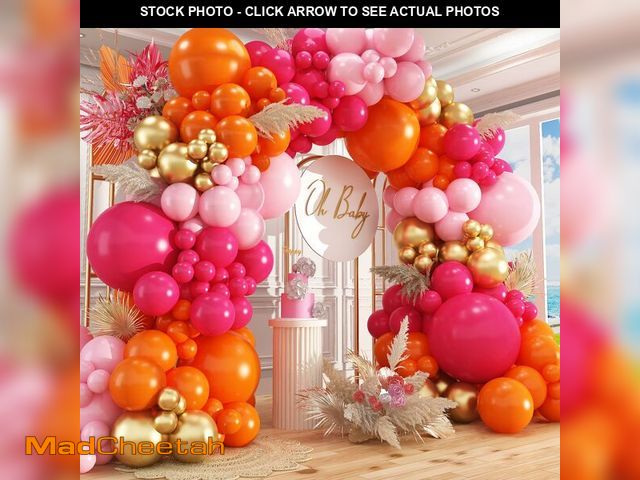Lot 74-14212439 - Pink and Orange Balloon Arch Kit,412Pcs Hot Pink Orange Metallic Gold Latex Balloon Garland kit 18 1...