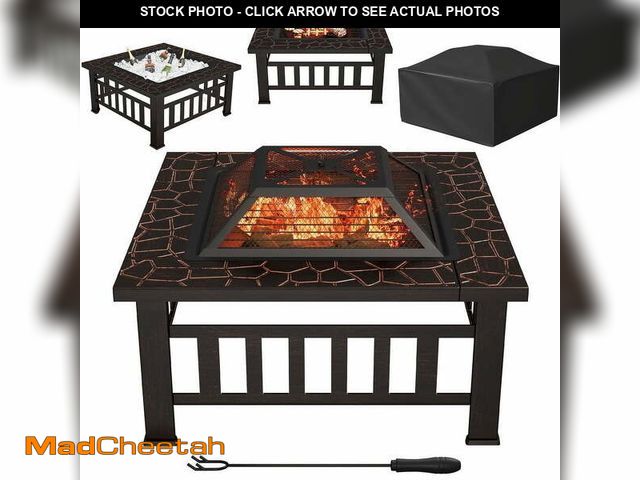 Lot 74-13775614 - Lacoo 32" Patio Square Fire Pit Table for Patio Backyard BBQ, Ice Storage with Mesh Lid, Poker and C...