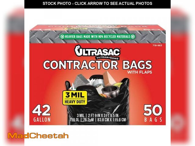 Lot 74-12146212 - Ultrasac 42-Gallon Heavy Duty Contractor Bag with Flaps (50-Count) - UNUSED