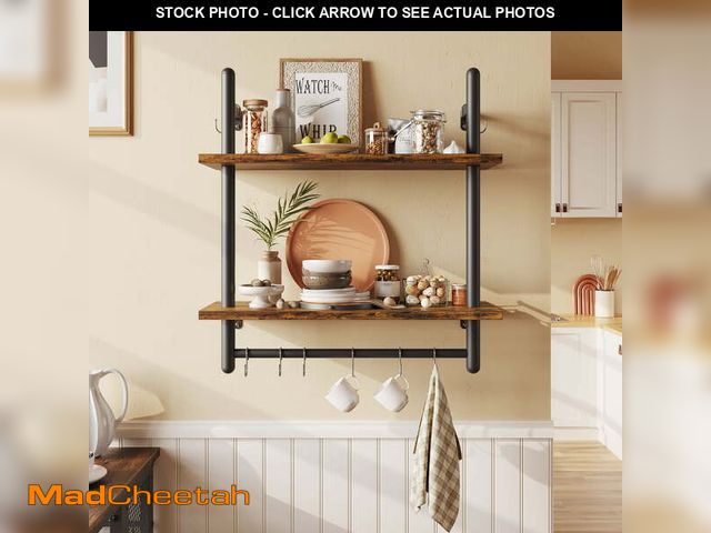 Lot 74-13778114 - Bestier 24" Kitchen Wall Shelves 2-Tier Floating Shelves with Hooks for Bathroom, Bedroom, Rustic - ...