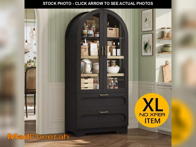 Lot 74-14215965 - Bestier Manufactured Wood 31 in. x 71 in. Arched Glass Door Pantry Cabinet Black w/ Adjustable Shelv...