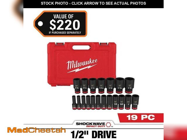 Lot 74-14193173 - Milwaukee SHOCKWAVE 1/2 in. Drive SAE 6 Point Impact Socket Set (19-Piece) - UNUSED