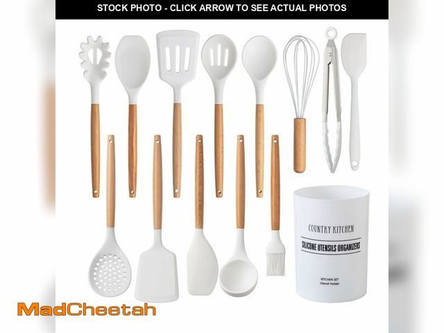 Lot 74-12699643 - Country Kitchen Non Stick Silicone Utensil Set with Rounded Wood Handles for Cooking and Baking, 14 ...