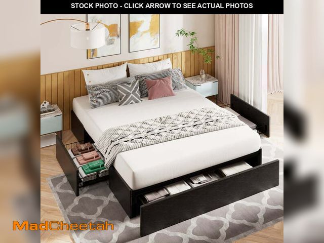 Lot 74-13779444 - Amolife QUeen Size Faux Leather Platform Bed Frame with 3 Storage Drawers, Black - UNUSED
