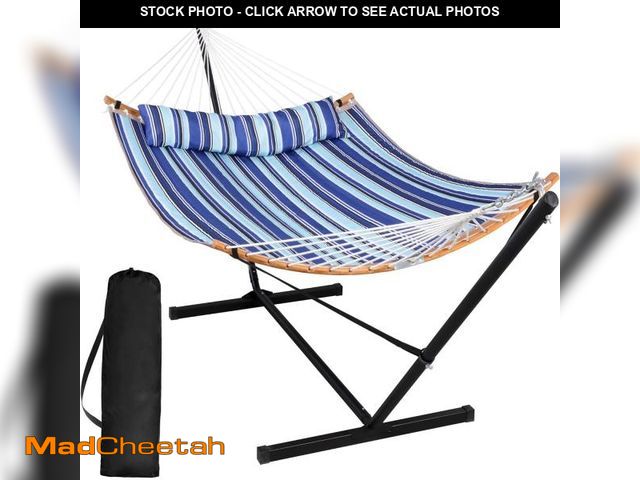 Lot 74-12404379 - SUNCREAT Double Hammock with Stand Included, Portable Hammock with Stand and Large Pillow, Blue Stri...