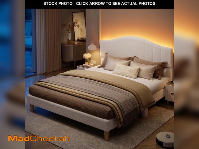 Lot 74-12403283 - Pinmoco Queen Upholstered Bed Frame with Adjustable Arc-shaped Headboard, LED Platform Bed, Teddy Ve...