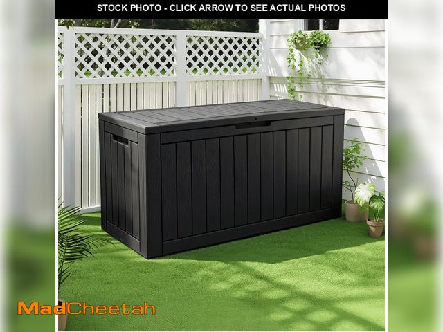 Lot 74-14608995 - Bifanuo 100 Gallon Resin Deck Box - Lockable Waterproof Outdoor Storage - Black - UNUSED