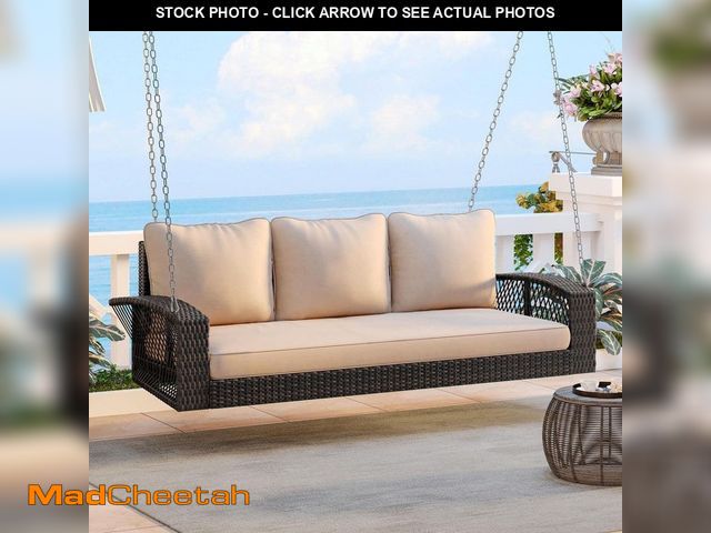 Lot 74-14342365 - Unbranded Three-Person PE Wicker Outdoor Patio Porch Swing Bench with Chain and Brown Cushions for G...