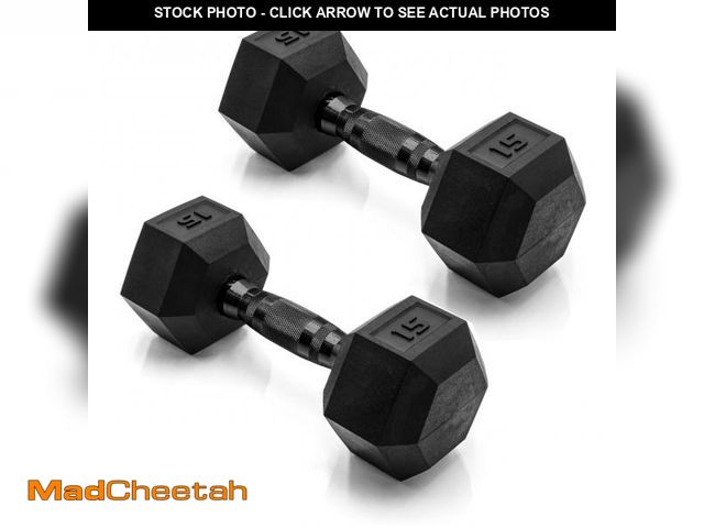 Lot 74-12156609 - *SEE DETAILS* CAP Barbell 15 LB and 10 LB Coated Hex Dumbbell Weight with Black Handles (ONE SET OF ...