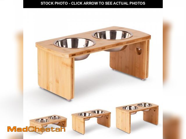 Lot 74-12306042 - Elevated Dog Bowls, Bamboo Raised Dog Bowl for Medium Dogs, with 2 Stainless Steel Bowls (7'' Tall-3...