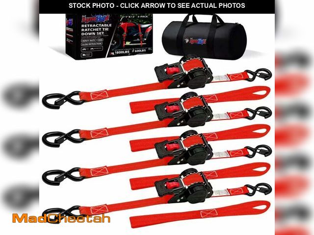 Lot 74-14064043 - Retractable Ratchet Straps (4-Pack) - Heavy Duty Auto Slow Retraction Tie Down Straps - 1 Inch x 13 ...
