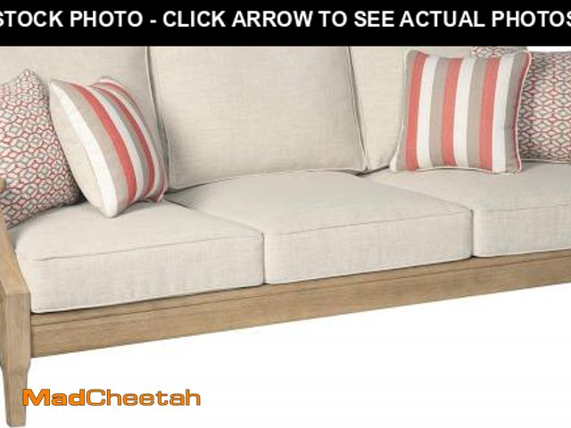 Lot 74-12262735 - Signature Design by Ashley Clare View Coastal Outdoor Patio Eucalyptus Sofa with Cushions, Beige - U...