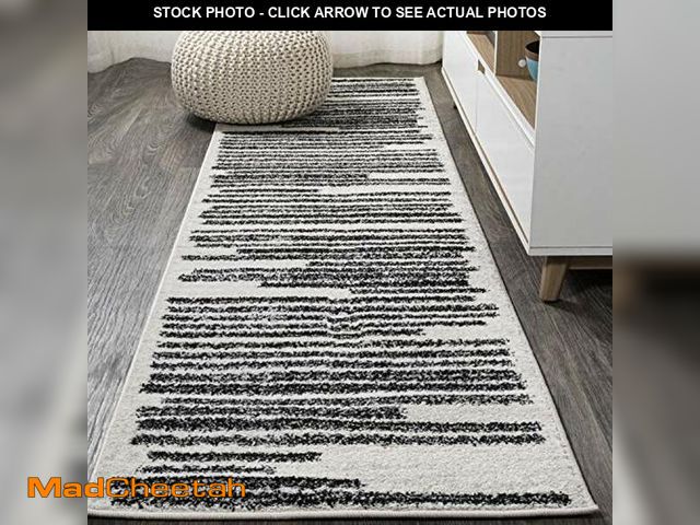 Lot 74-12760239 - JONATHAN Y Khalil Modern Berber Stripe Cream/Black Runner Rug, 2x8, Contemporary, Bohemian, Easy-Cle...