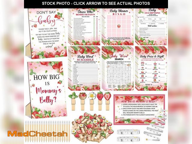 Lot 74-13569329 - Funnymoom 426 Pcs Strawberry Baby Shower Games Set-8 Games Includes Baby Shower Bingo Price is Right...