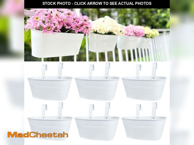 Lot 74-14210596 - LaLaGreen Rail Planter Outdoor (6 Pack, 11.8 Inch) White Metal Iron Hanging Flower Pots Deck Railing...