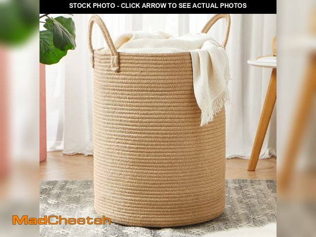 Lot 74-13963374 - MOJOSCEND 60L Jute Woven Laundry Hamper Basket Wicker Rope Clothes Hamper Tall Rattan Blanket Basket...