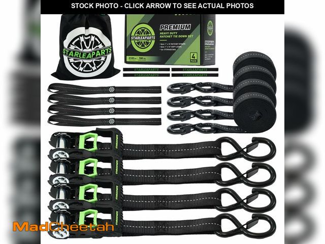 Lot 74-14150626 - Motorcycle Tie Down Strap (4PK) - 2,100lb Break Strength Premium 15ft Ratchet Tie Down Straps Set, S...
