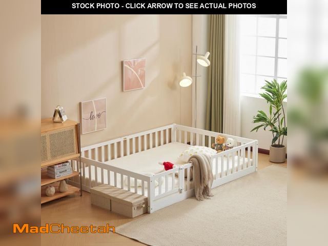 Lot 74-12514013 - Zimtown Montessori Floor Bed Frame, Full Size Kids Toddler Bed with Fence and Door, Wooden Platform ...