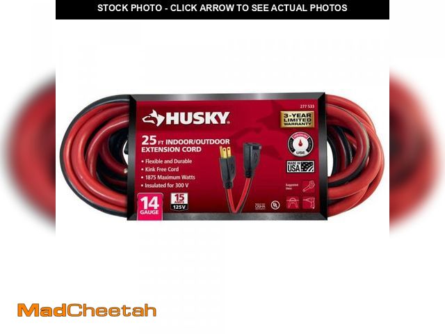 Lot 74-12492106 - Husky 25 ft. 14/3 Medium Duty Indoor/Outdoor Extension Cord, Red/Black - UNUSED