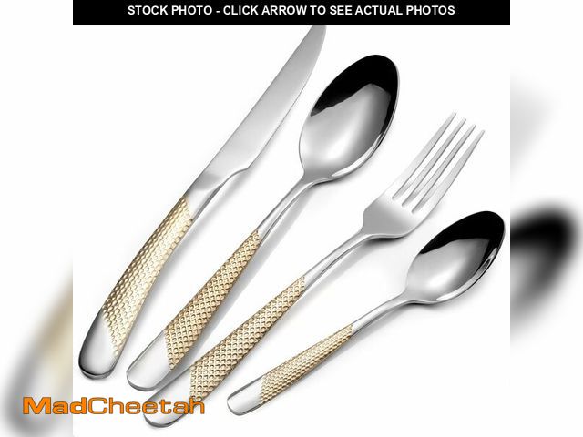 Lot 74-13539264 - 24 Piece Gold Hammered Silverware Set for 6, Premium Food-grade Stainless Steel Flatware Set, Luxury...