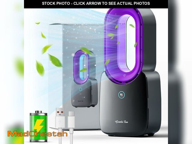 Lot 74-12456587 - Misby Rechargeable Desk Fan, 5-color LED Light Bladeless Table Fan of 11.8 Inch, Purple Desk Fans Sm...