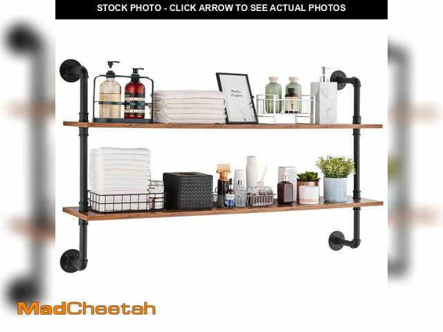 Lot 74-12898454 - VEVOR Industrial Pipe Shelf, 2 Tier 48x 9.84in, Wall-Mount Floating Rustic Wood Shelves Bracket Disp...