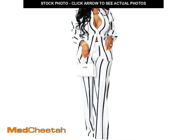 Lot 74-13719146 - Remelon Women's Casual Two Piece Outfits Striped Long Sleeve Collar Button Down Shirt Blouse High Wa...